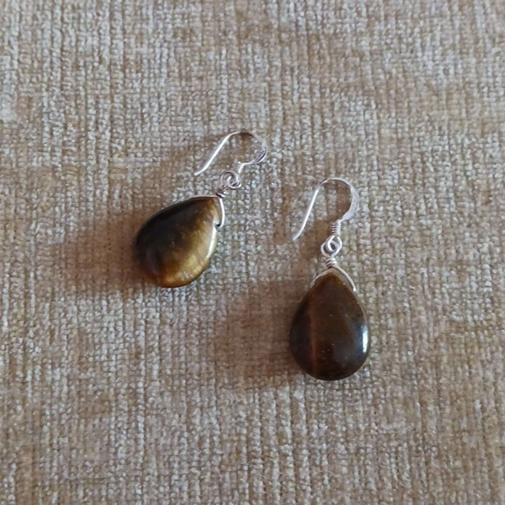 Brown Stone Tear Drop French Wire Dangle Earrings
